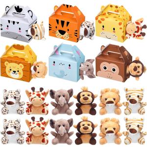 12 Pcs Safari Jungle Themed Favors Boxes with 12 Pcs Mini Plush Set Safari Treat Boxes Foldable Gift Stuffed Animal for Birthday Party Supplies Decoration