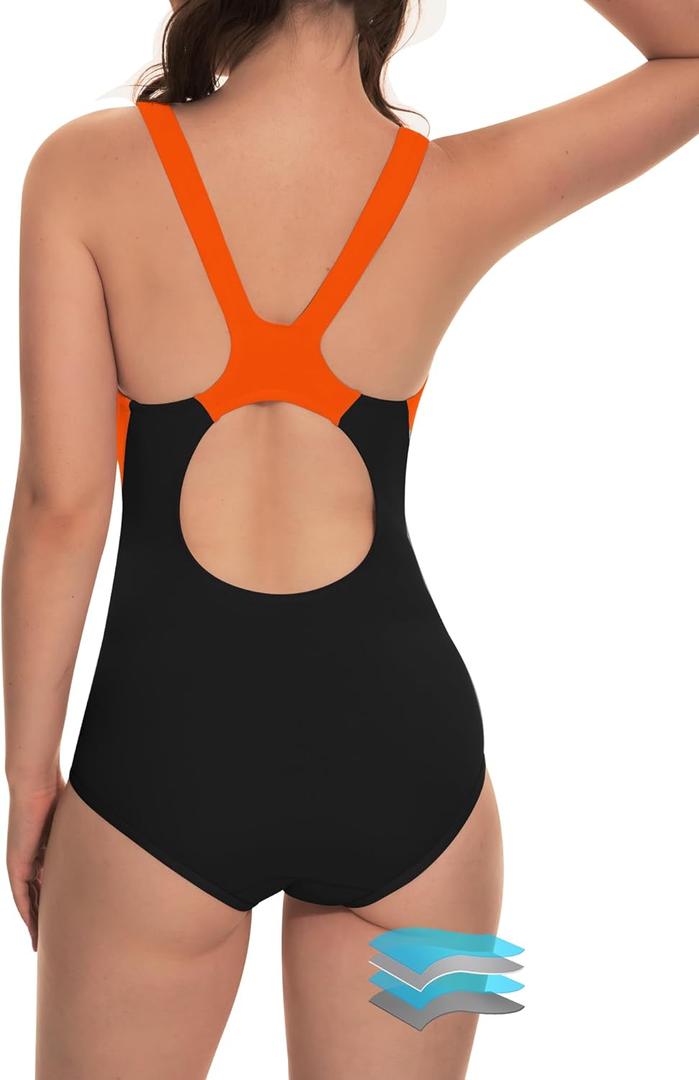 Beautikini Period Swimwear One Piece Leakproof Athletic Racerback Swimsuit Menstrual Sporty Bathing Suit for Teen Girls Women (Large, Black/Orange)