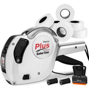 Perco Plus 1-Line Date Marking Gun with Labels Kit - Compares to Monarch 1131-01 Band Includes 1-Line 8-Character Band Date Labeler Gun, 9,000 Blank White Labels, a Label Scraper, and an Extra Inker