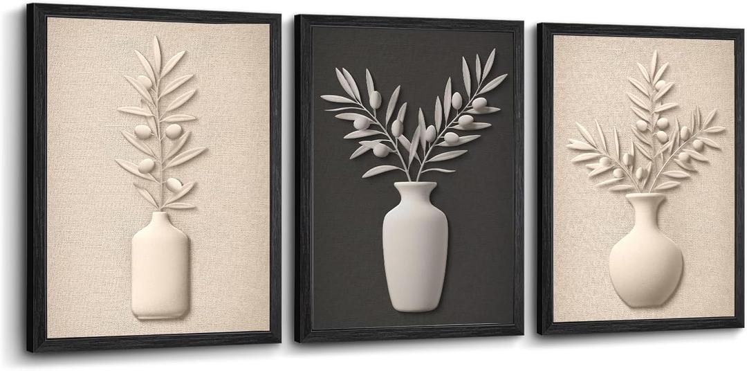 LevvArts Neutral Beige and Black Bathroom Decor Olive Leaf Art Prints Modern Minimalist Style Bedroom Decor 3-Piece Framed Canvas Art Set