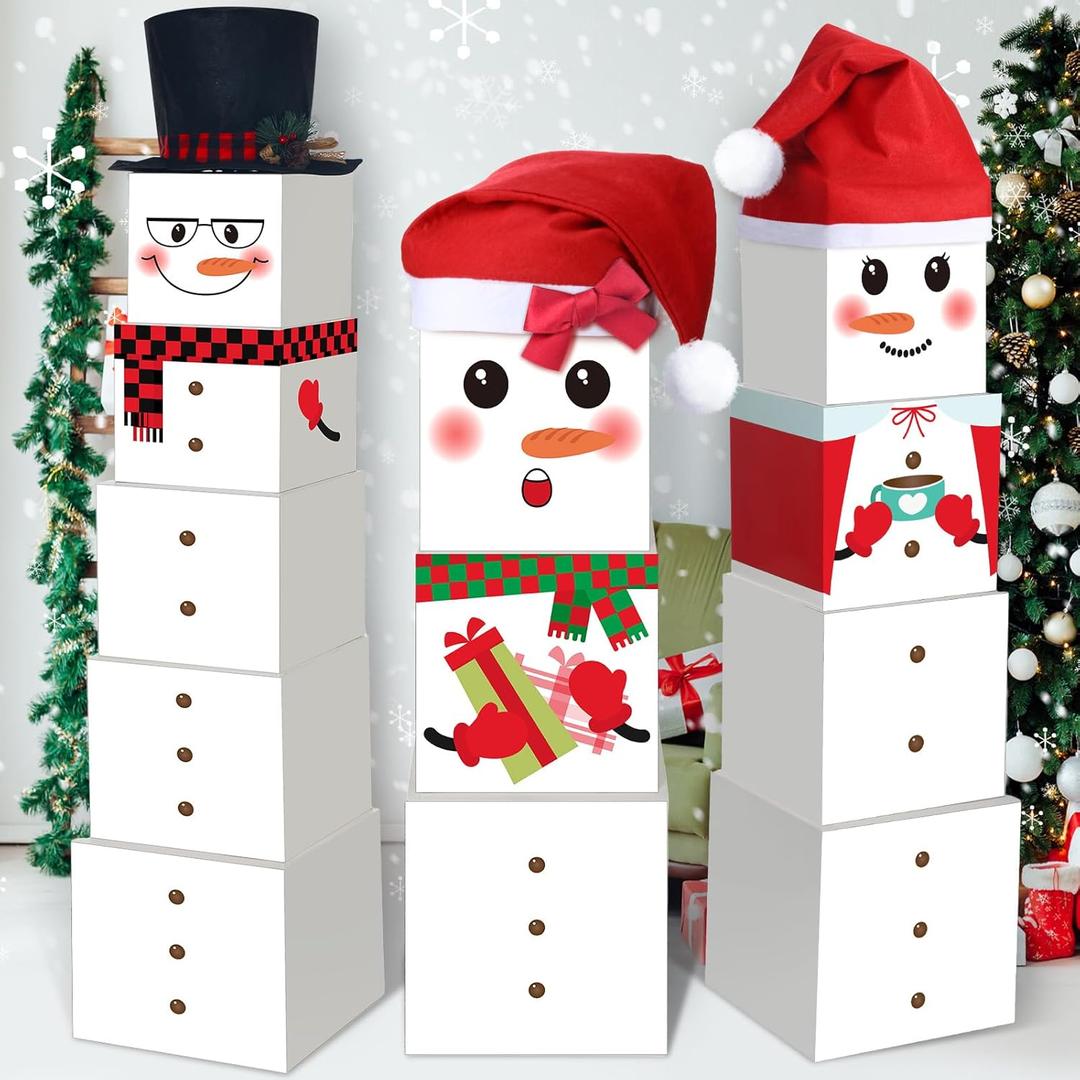 Funtery 16 Pcs Christmas Stacking Box Christmas Snowman Gift Tower Xmas Boxes for Gifts Stackable Snowman Boxes with Lids for Presents 3 Designs Tower Xmas Nesting Decorative
