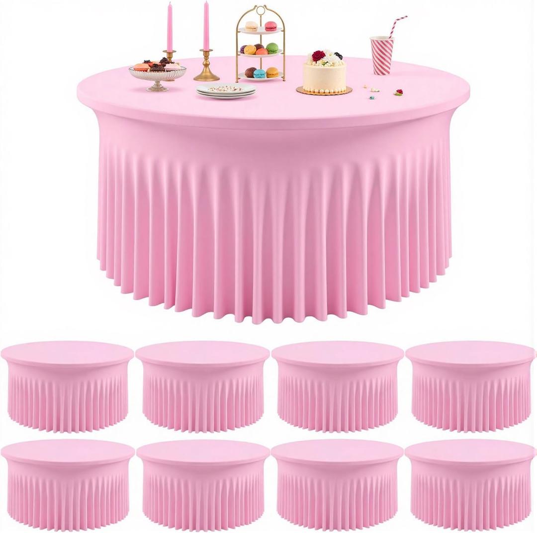 Outpain 8 Pack Spandex Pink Round Tablecloths for 60in Tables, 120Inch Stretchy Fitted 5FT Round Table Clothes,Wrinkle Free Table Cover with Skirt for Wedding Party Dining Banquet