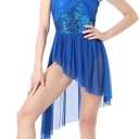 ODASDO Women Elegant Lyrical Dance Dress Lace Cap Sleeve Asymmetrical Tulle Skirt Leotard Contemporary Costume (Medium, Royal Blue Sequin)
