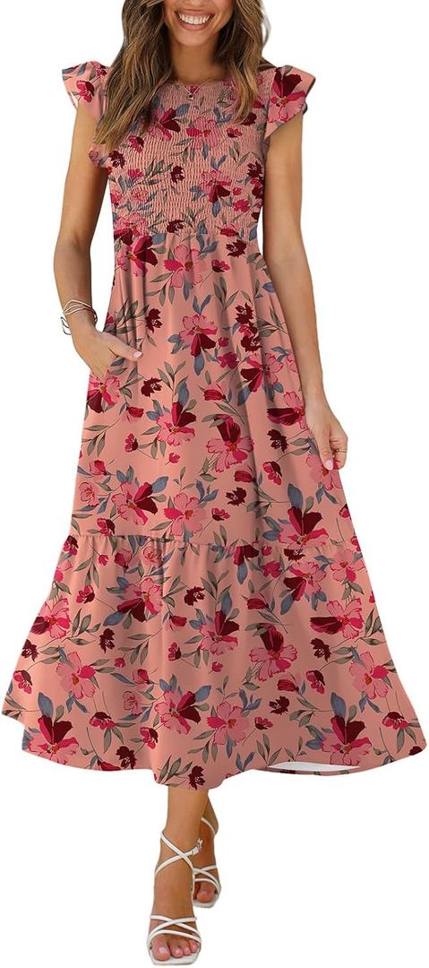 OFEEFAN Women's Casual Maxi Dresses with Pockets Ruffle Sleeve Smocked Dress (Medium, 16- Pink Floral)