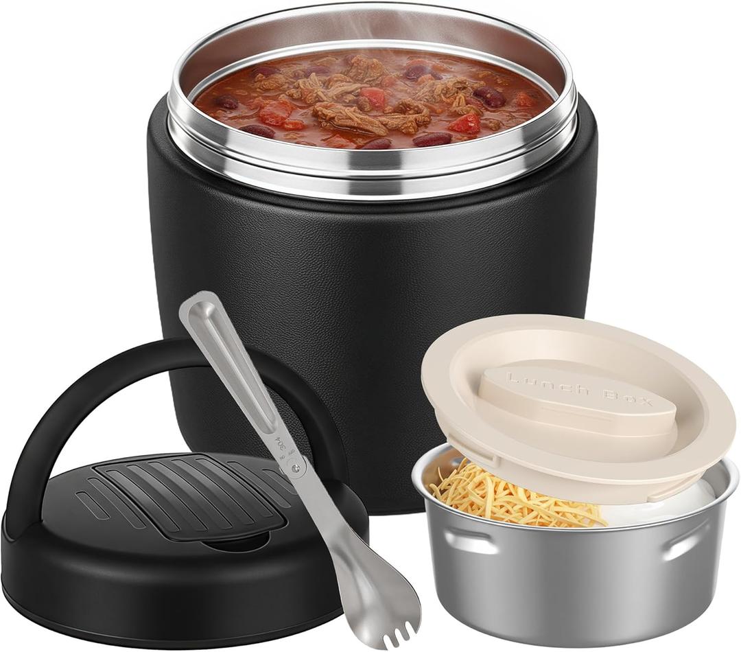Thermo for Hot Food 32OZ, Vacuum Insulated Food Jar for Adults, Stainless Steel Soup Thermo Wide Mouth Leakproof Lunch Containers with Spoon for School Office, Black
