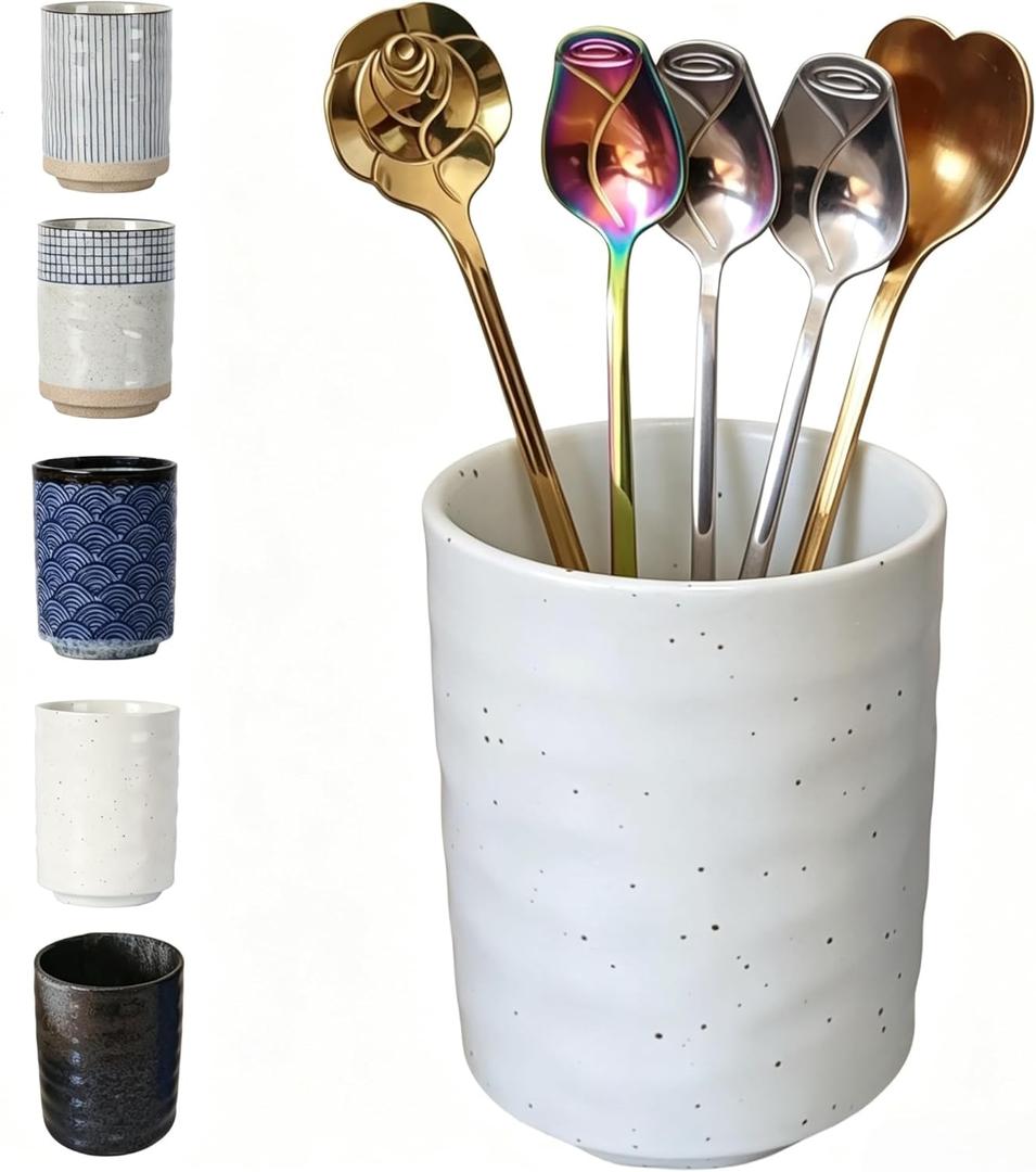 TOPYOKK Stoneware Coffee Bar Utensil Holder Tea & Coffee Spoon & Stirrer Holder for Stir Stick Straw Teaspoon Holder Spoon Cup Small Utensil Jar (Spotted White)
