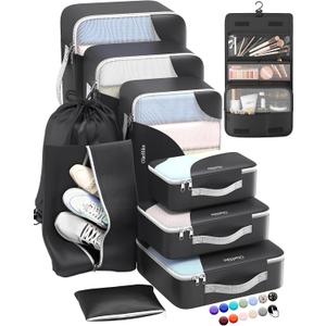 ALL INCLUDED 10 Set Durable Packing Cubes for Suitcases,OlarHike Essentials for Travel,UPGRADED Anti-Tear Stitching, NEW Improved Luggage Packing Organizers for Travel Accessories (Black) (10 set (Long-Term Travel), 10 set - Black)