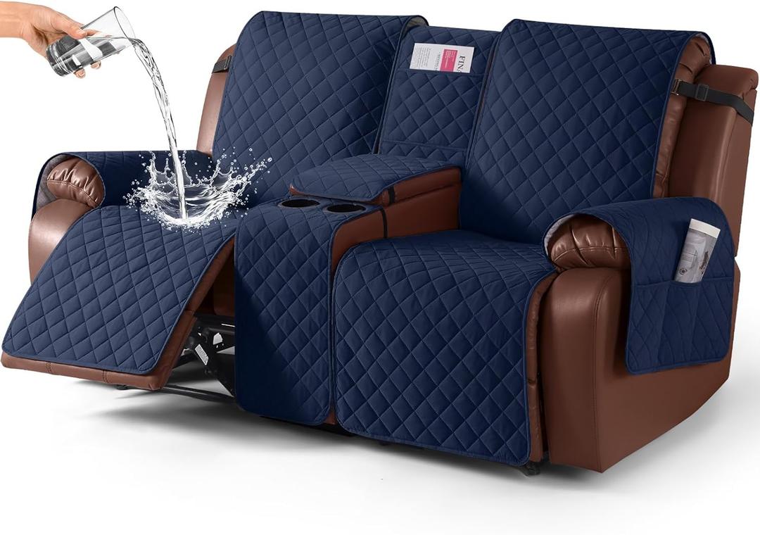 KinCam 100% Waterproof Recliner Loveseat Cover with Console, Non-Slip Reclining Couch Covers for 2 Seat, Recliner Sofa Cover Furniture Protector with Elastic Straps for Kids, Pets, Dark Blue