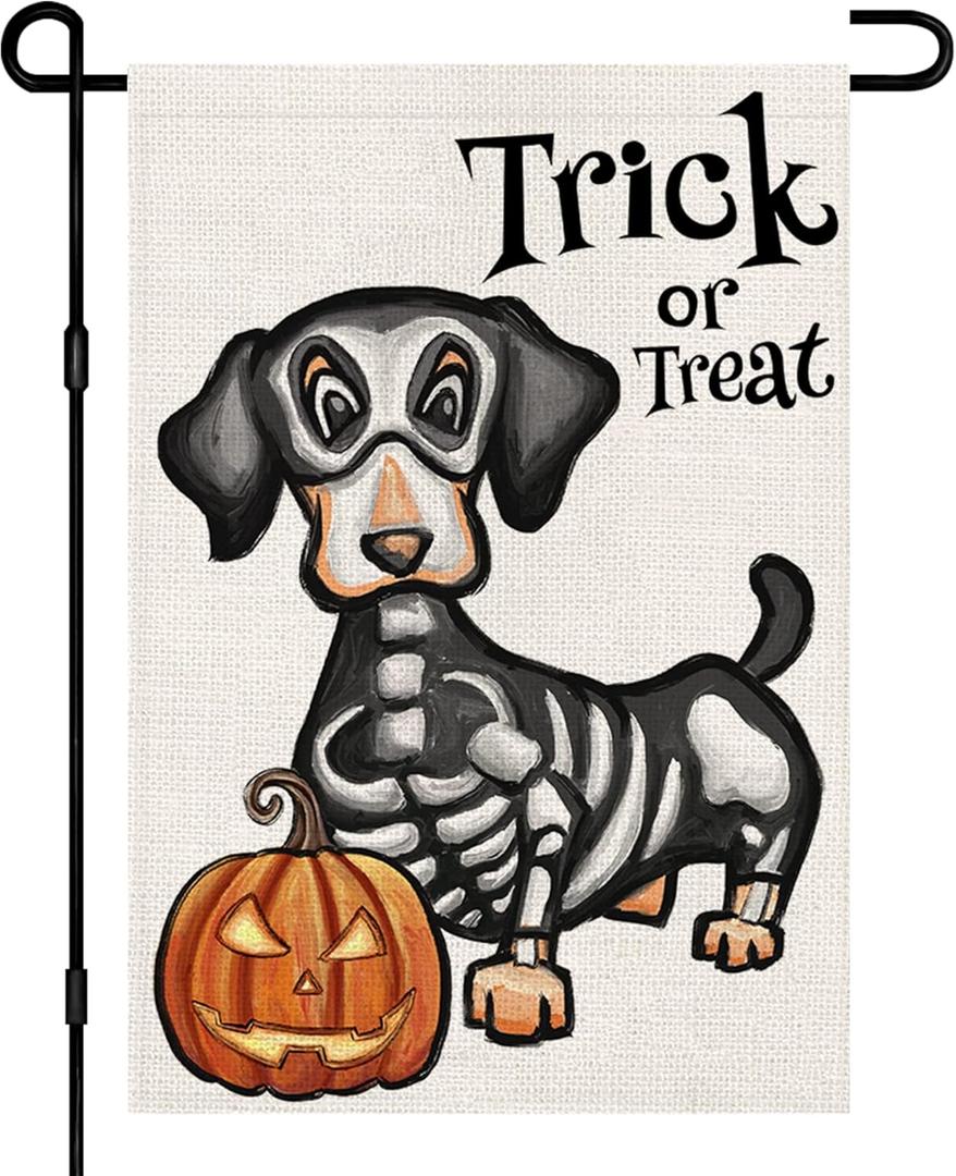 2 x Halloween Trick or Treat Garden Flag Ghost Dog 12x18 Inch Small Double Sided Burlap Welcome Yard Dachshund Skeleton Outside Decorations DF342