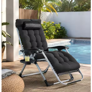 Black Metal Zero Gravity Reclining Outdoor/Indoor Folding Portable Lounge Chair with Removable Cushion and Cup Holder