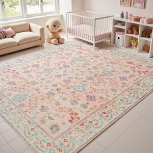 Pale Pink Rug for Girls Room, 9x12 Floral Washable Area Rug Non Slip, Boho Low Pile Carpet with Rubber Backing for Bedroom Living Room Bathroom Playroom Nursery Office