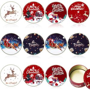 12 Pcs Christmas Tin Gift Box Christmas Cookie Tins Card Holder Boxes with Lids for Party Favors, DIY Candles, Dry Storage, Spices, Tea, Candy, Gifts(Round)