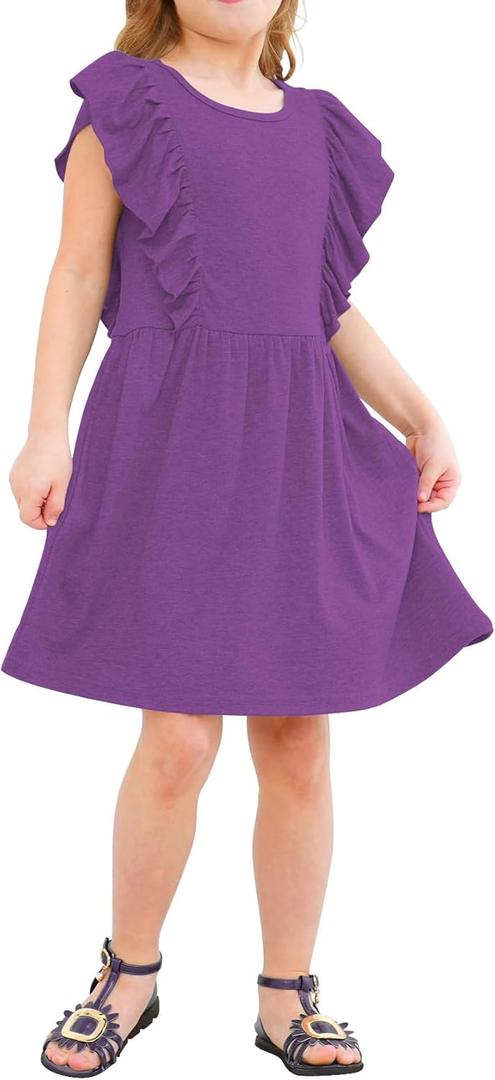 Jimonda Girls Dress Ruffle Sleeve Toddler School Skater Dress for Kids 2-8Y (2T, Purple)