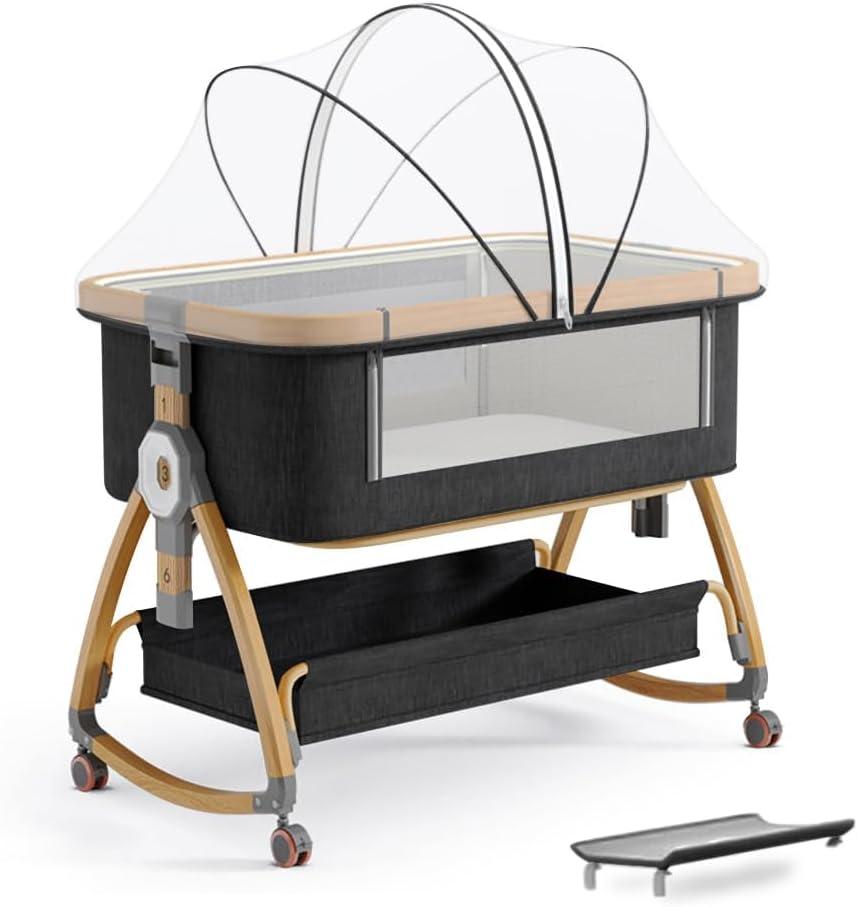bonbay Baby Bassinet, Bedside Bassinet for Baby, 4 in 1 Portable Bassinet Bedside Sleeper with Wheels Mosquito Net & Storage Basket, 6 Height Adjustable Rocking Bassinet for Newborn Baby