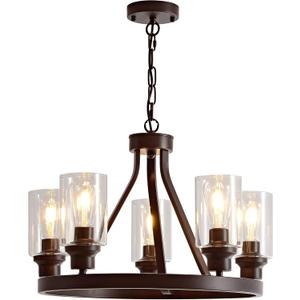 Farmhouse Chandelier Lighting Round 5 Lights Oil Rubbed Bronze with Glass Shade Ceiling Hanging Vintage Rustic Light Fixture for Dining Room Living Room Foyer Porch Kitchen Island