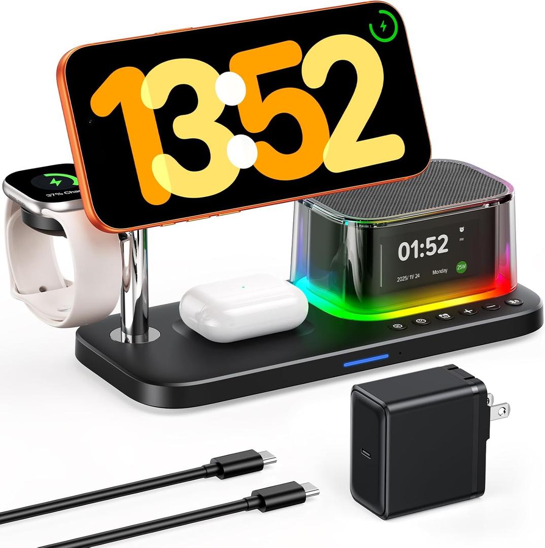 45W 5 in 1 Charging Station with Bluetooth Speaker and Alarm Clock & Night Light, Qi2.2 25W Fast Wireless Charger for MagSafe Charger for iPhone 17/S26 Ultra, Charger Stand for Apple Watch & AirPods