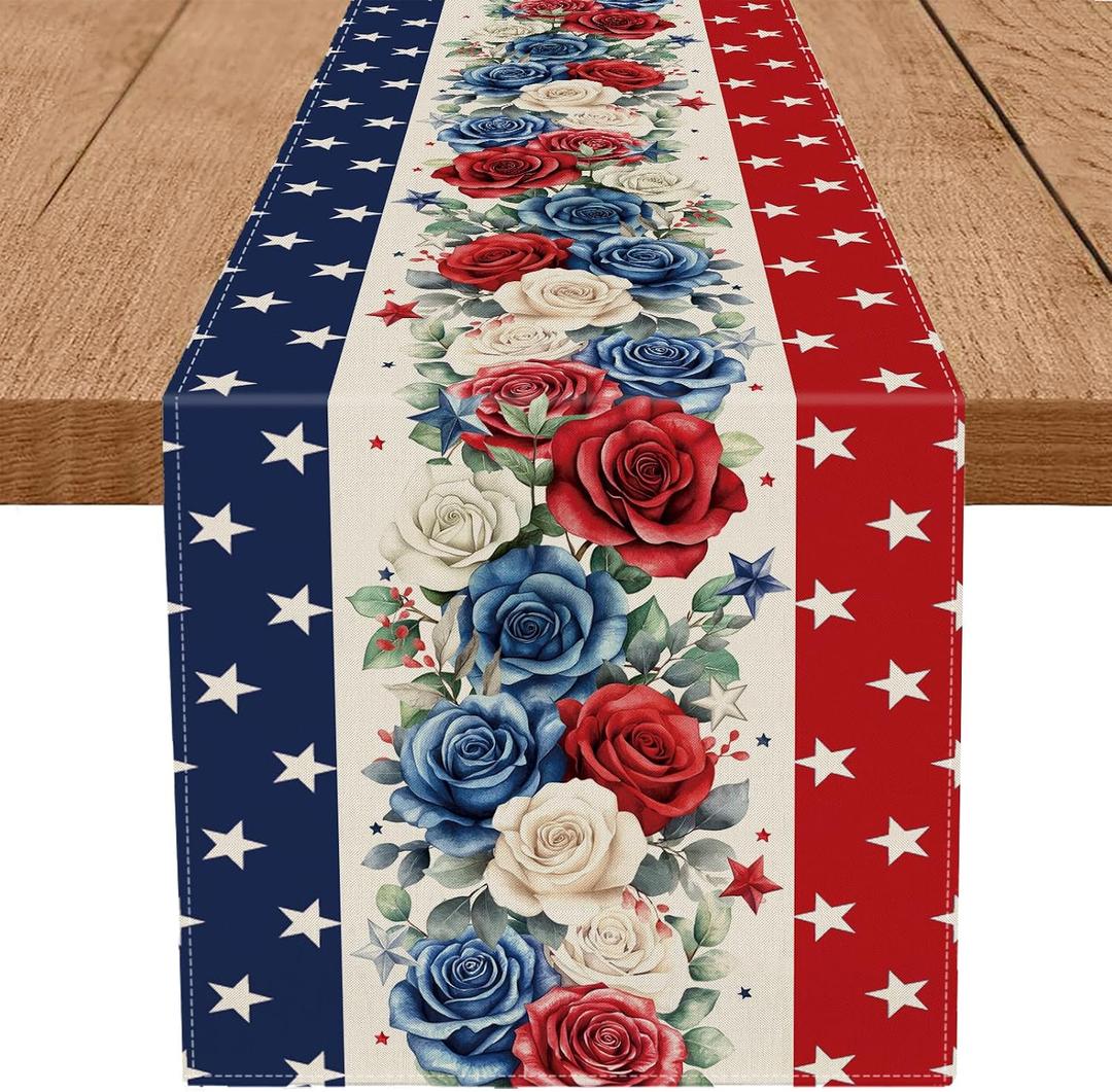 4th of July Table Runner Red White and Blue Flowers Stripe Stars 13x60 Inch Memorial Day Independence Day Patriotic Kitchen Table Decoration for Home
