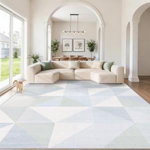 Washable Rug 8x10 Area Rugs: Modern Geometric Area Rug for Living Room Non-Slip Neutral Soft Carpet Low Pile Stain Resistant Indoor Rugs for Bedroom Nursery Dining Room Office (Light Blue, 8'X10')