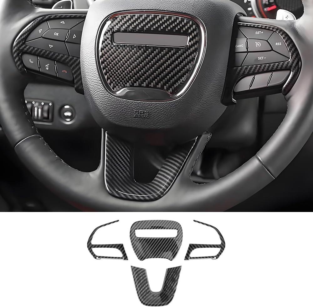 Carbon Fiber Style Car Steering Wheel Trim Cover Panel for Dodge Challenger Charger 2015-2023 and Dodge Durango 2014-2020 Auto Interior Decorations Accessories Center Console Protection Covers