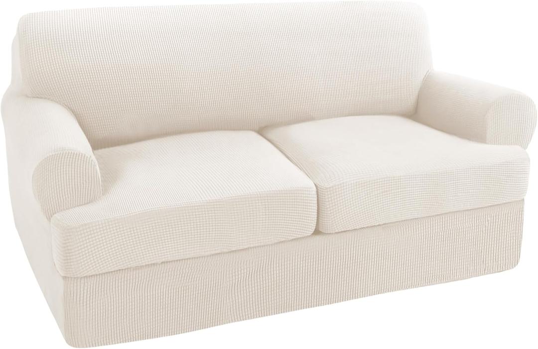 Turquoize 3 Piece T Cushion Loveseat Slipcovers Sofa Cover for 2 Cushion Couch Cover Washable Sofa Slipcover Furniture Covers with 2 Individual T Cushion Seat Covers (2 Cushion Loveseat, Cream)