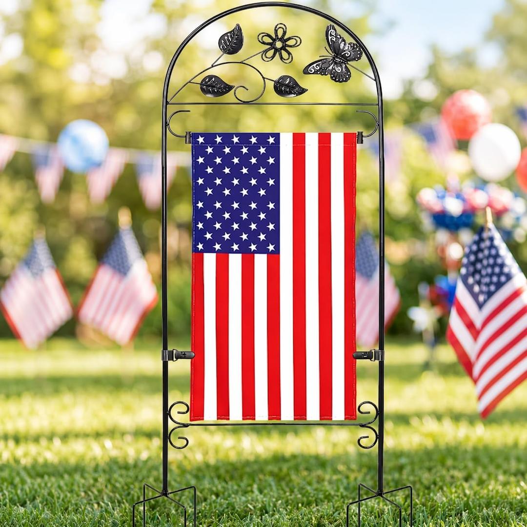 AceList Heavy Duty Garden Flag Holder Stand - Butterfly Wrought Iron Decor, 8-Prong Base & Windproof Velcro Clips - Metal Yard Flag Pole for Outside 12x18 & 14x25 Flags (Black)