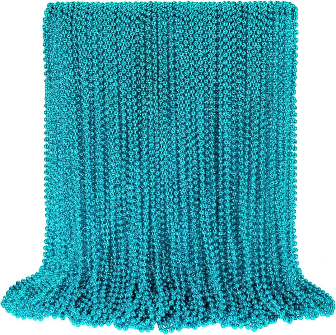 100 PCS Teal Bead Necklaces, Teal Mardi Gras Beads Necklaces Turquoise Party Beads Necklace Bulk Round Beaded Necklaces for Mardi Gras, Christmas, School Spirit Day Party Favors