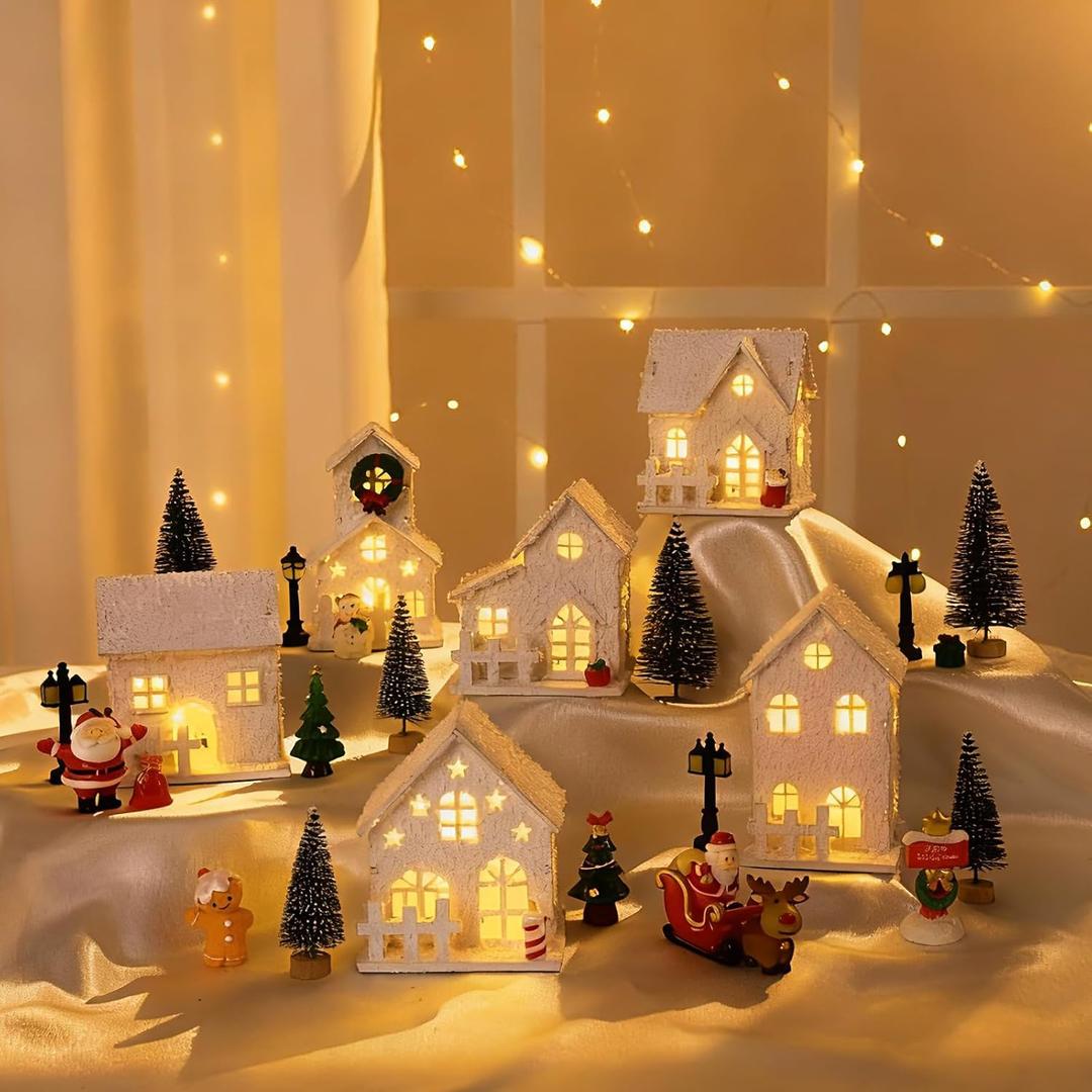 Ktinnead 31 Pcs Christmas Village Sets, 6 LED Lighted Wooden Snowy Village Houses with Xmas Trees and Mini Christmas Figurines, Desktop Winter Rustic Ornaments for Home Party Holiday Table Decor