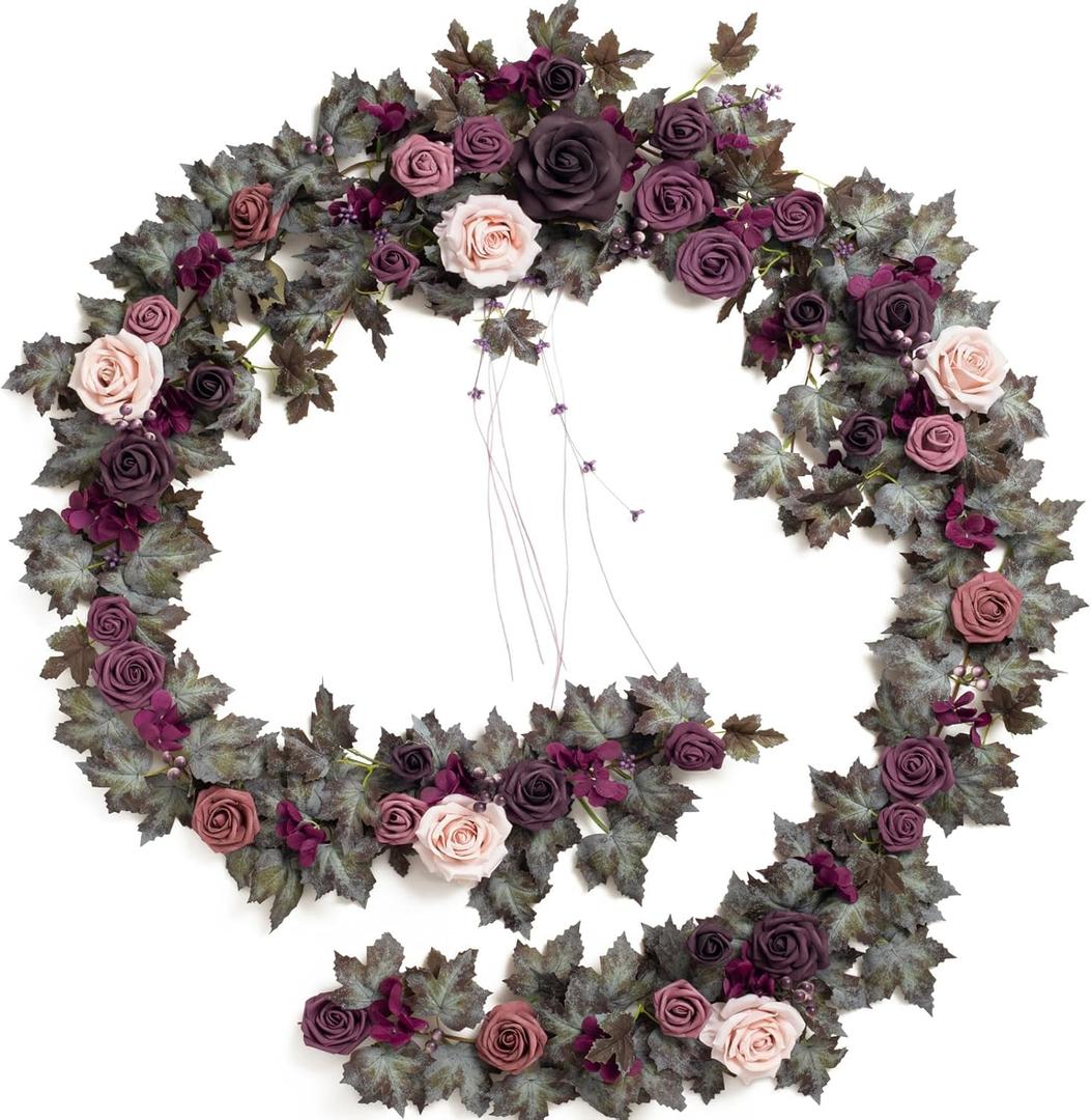 Ling's moment 9FT Flower Garland for Backdrop Decorations - Wedding Arch Flowers, Eucalyptus & Rose, Artificial Floral Garland for Mantle - Sweetheart Table Decor for Beach Reception, Purple (Prpl-deep Plum)
