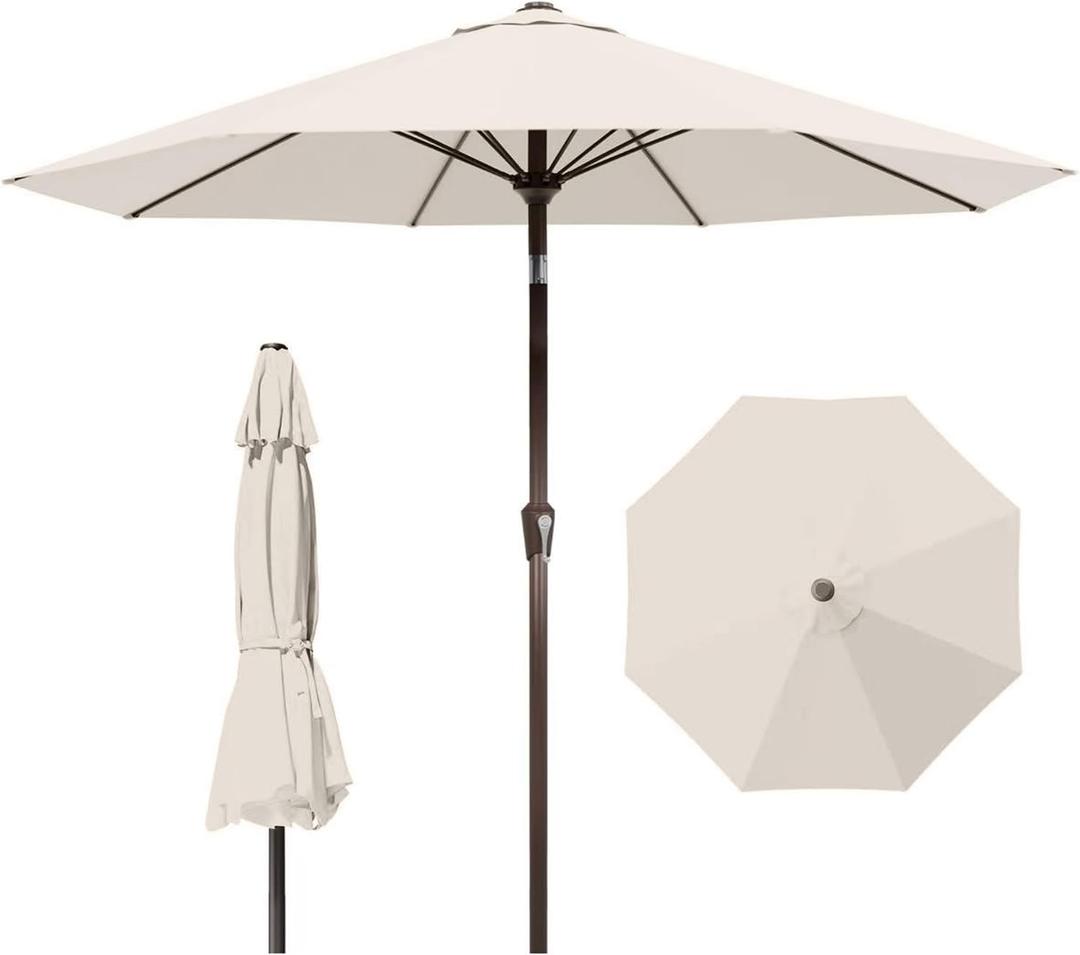 9ft Patio Umbrella with Push Button Tilt and Crank,Outdoor Market Table Umbrella UV Protection 8 Sturdy Ribs for Backyard,Garden,Pool,Deck(Creamy-white)