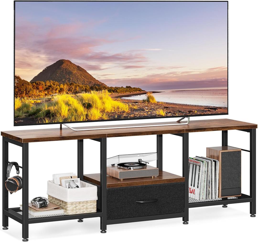 Casaottima 47" TV Stand with Open Storage Shelves up to 55 Inch TVs, Entertainment Center with Fabric Drawers, TV Console Table with Soundbar Shelf TV Stand for Living Room Bedroom, Vintage and Black