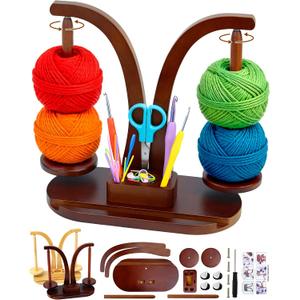 FIVEIZERO Double Magnetic Yarn Holder for Crocheting and Knitting, 360 Rotating Wooden Yarn Spinner with Phone Stand & Magnetic Storage Box, Mother's Day Gift for Knitting Lovers (Walnut Brown)