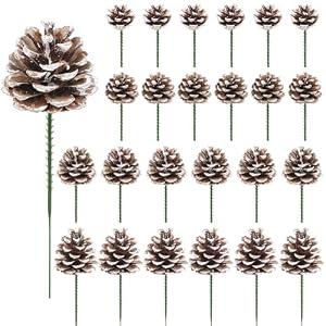 Meching 24 Pieces Christmas Pine Cones Decorations, Various Sizes Natural Pine Cones Snow Tipped with Wired Picks White Craft, Pinecones for Xmas Tree Garland Wreath Ornaments Decorating (Snow)