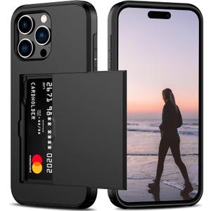Nvollnoe Compatible with iPhone 15 Pro Max Case with Card Holder Heavy Duty Protective Dual Layer Shockproof Hidden Card Slot Slim Wallet Phone Cover for Women&Men 6.7 inch(Black)