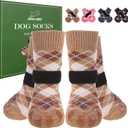 EXPAWLORER Dog Socks to Prevent Licking Paws,Dog Shoes for Hot Pavement,4 Pcs Double Sided Anti Slip Dog Socks with Grippers,Dog Booties for Small Medium Large Senior Dogs,British Style,Khaki M