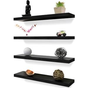 Wood Floating Shelves for Wall Decor, Rustic Wall Shelves for Bedroom Bathroom Kitchen Living Room, Set of 4 Black 24 Inch