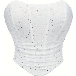 SHYMMUO Women Black Corset Tops Satin Summer Going Out Strapless Bustier Crop Top for Party,Gothic,Halloween Costumes (X-Large, White Sequin)