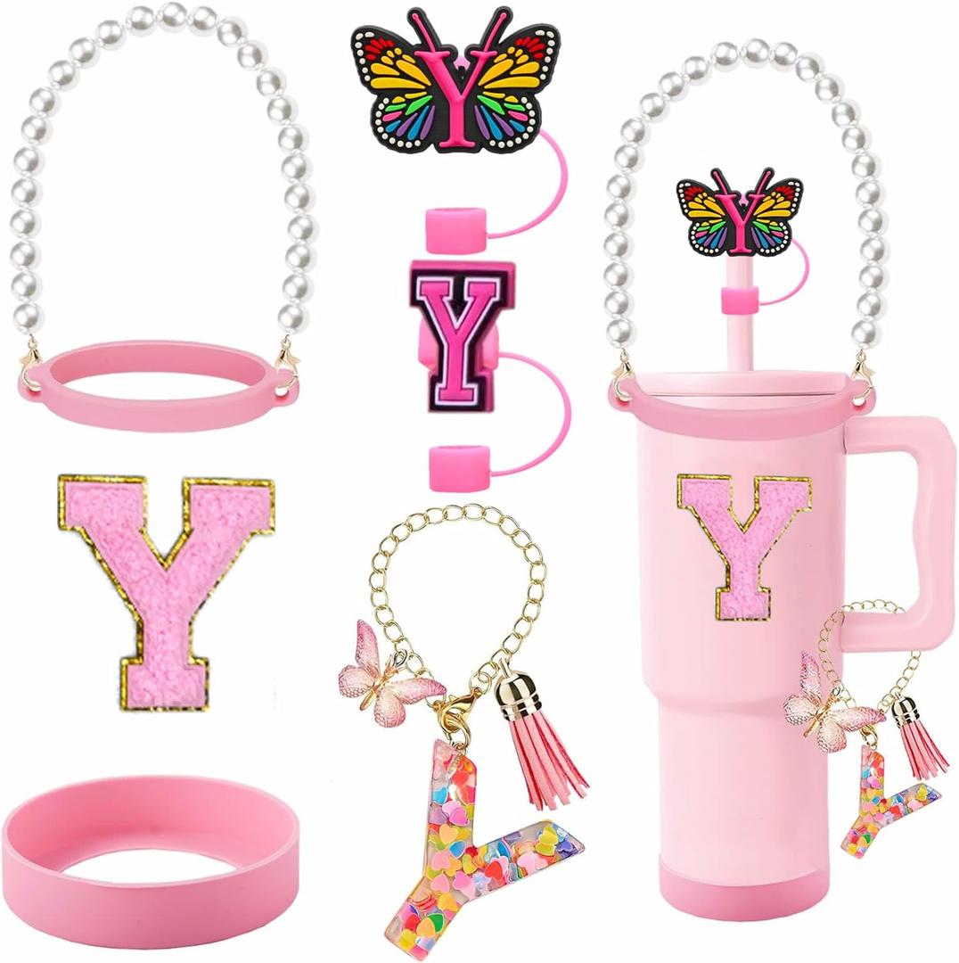 7pcs Cup Accessories for Stanley 30/40oz Tumbler, Handle Strap, Straw Cover, Silicone Boot, Letter Charm Stickers (Pink)