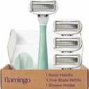 Flamingo Razors for Women, 1 Women's Razor Handle (Sage), 4 Razor Five-Blade Refills, and 1 Shower Holder