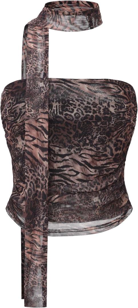 Women's Leopard Print Tube Top Cheetah Print Top Ruched Strapless Mesh Halter Tops for Women Going Out Party