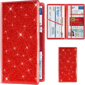 TOURSUIT Car Registration and Insurance Card Holder, Vehicle License Document Glove Box Compartment Organizer, Interior Car Accessories for Women Men Teens (Glitter Red)