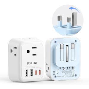 LENCENT Foldable US to UK Ireland Plug Adapter, Type G Travel Outlet Adapter with 4 USB Charger(2 USB C), Power Adaptor for USA to Scotland Dubai Hong Kong England British Kenya London