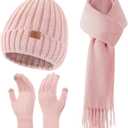 Women Winter Hat Beanie+Long Scarf+Touch Screen Gloves Set, Warm Clothes Set with Knit Fleece Lined for Women/Men Winter (Pink)