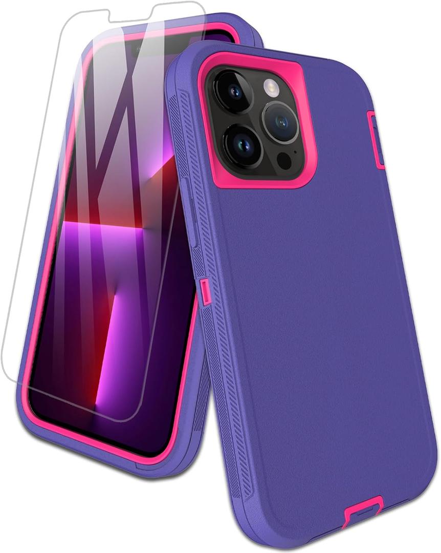 for iPhone 13 Pro Max Case, with Screen Protector, Dust-Proof Port Cover, Full-Body Non-Slip Silicone Rubber Covered, Military Grade Drop-Proof Shockproof Phone Case, Red/Purple