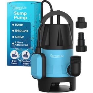 SereneLife 400W Submersible Pump Clean Dirty Water Powerful Utility Sump Pump Auto Float Switch,16 ft. Cord, Basement, Yard, Swimming Pool, Pond, Flooded Area, Garden or Flat Hose