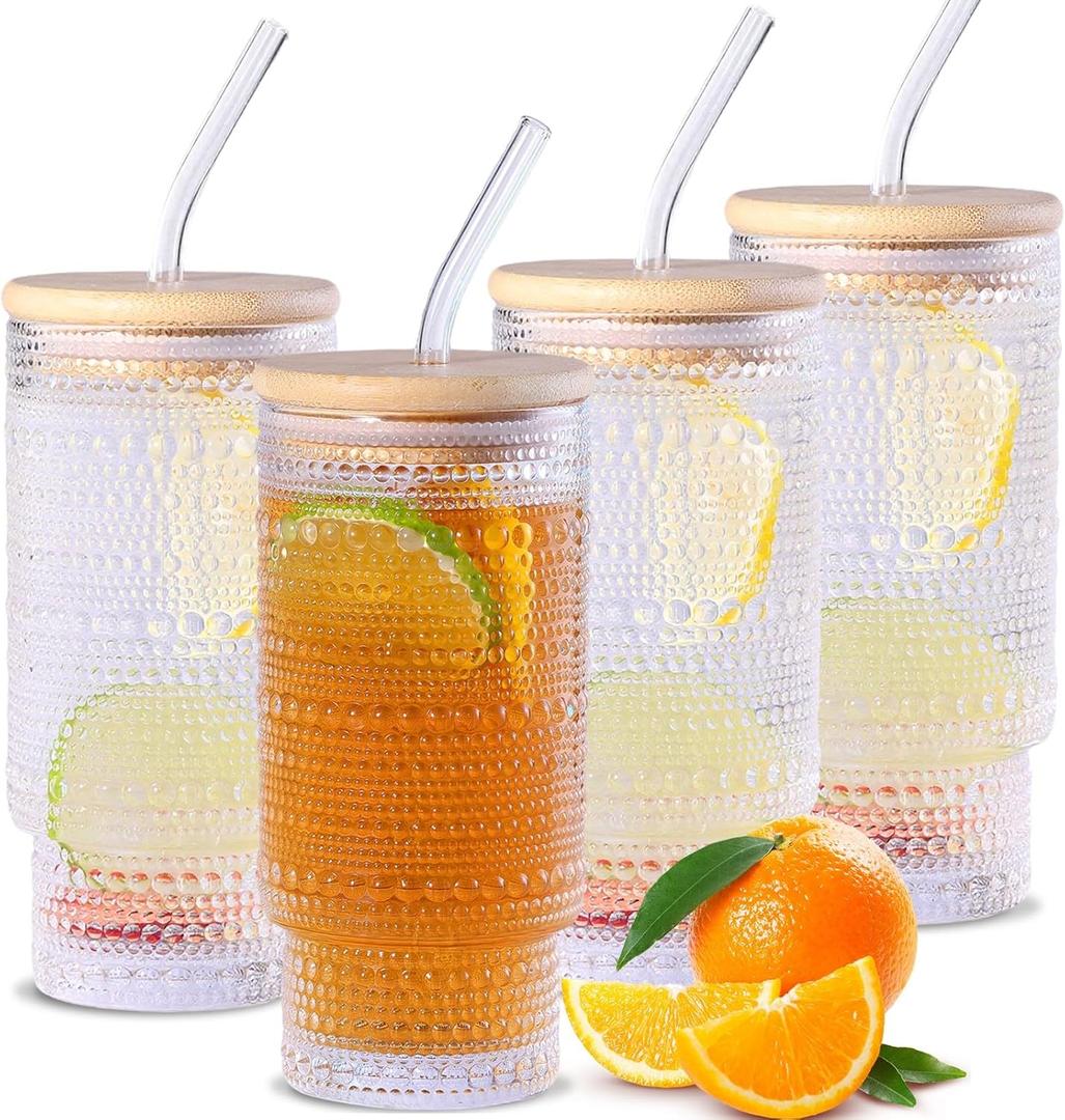 16 oz Glass Cups with Lids and Straws, Clear Iced Coffee Cups with Lids, Hobnail Drinking Tumbler Set for Matcha Latte Juice (4 Pack)