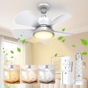 Socket Fan Light with Remote, 1000LM Dimmable LED, for E26/E27 | Small Ceiling Fan with Light, 3 Color Modes, 5-Level Dimmable Brightness, E26/E27 Installation for Bedroom, Kitchen, Garage, Medium