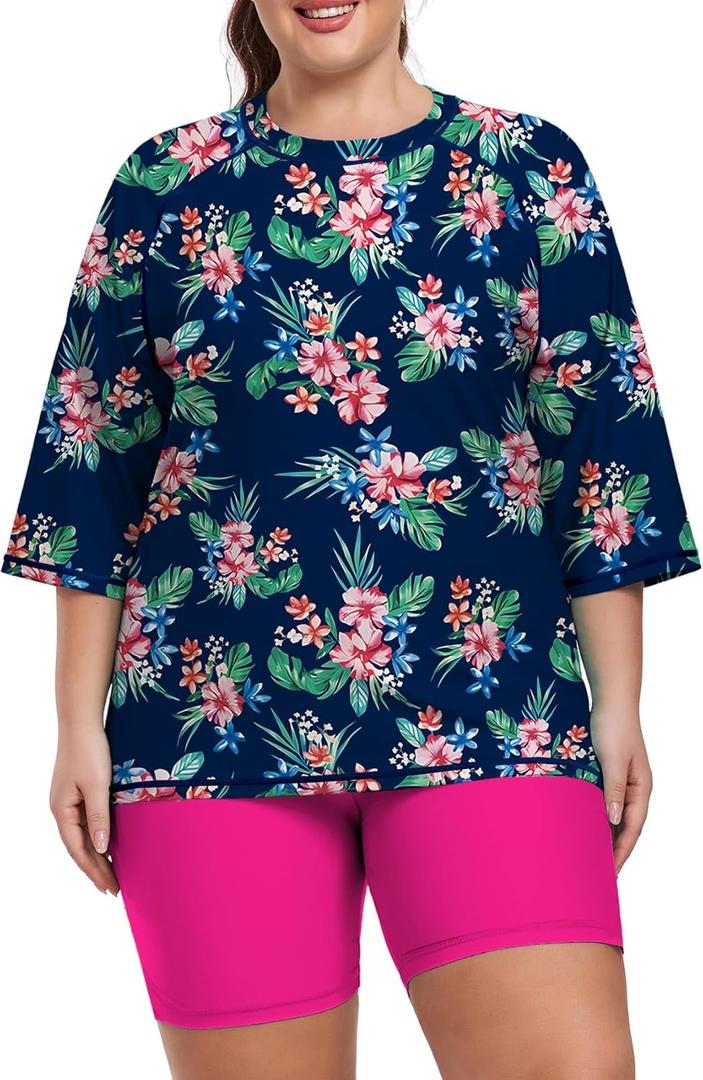 Inno 2 Piece Women's Plus Size Rash Guard Set Quick Dry Swimsuit UPF 50+ Bathing Suit Swim Shirt and Shorts 1X-6X, Red Floral, 4X