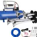 180db Train Horn Kit with 150 PSI Air Tank, Four Trumpet Air horns for Truck, Jeep, Pickup, SUV with 1.6 Gallon Air Compressor Can (Silver truck horn kit)