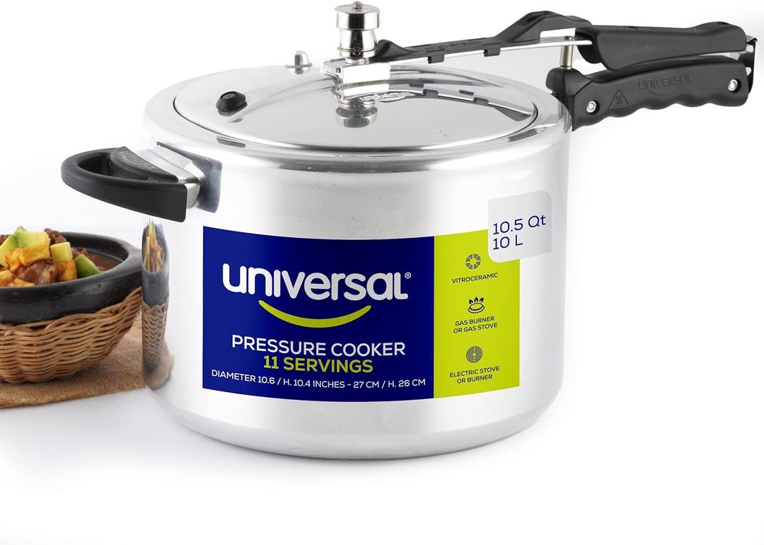 Universal (10.5 Quart / 10 Liter) Pressure Cooker, 11 Servings, Aluminum Pressure Cooker With Multiple Safety Systems and Heat Resistant Handles For Stews, Soup, Meat, and Beans (10.5 Qt / 10 L)