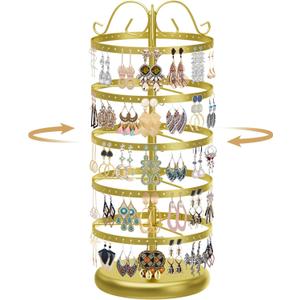 MODOWEY 5 Tiers Metal Rotating Earring Holder Organizer Stand Adjustable Display Tree, 220 Holes Large Carousel Rack for Stud Hoop Pierced Dangling Women Girls, Perfect View for All Earrings(Gold)